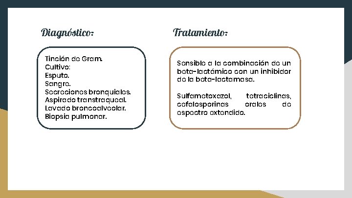 Diagnóstico: Tinción de Gram. Cultivo: Esputo. Sangre. Secreciones bronquiales. Aspirado transtraqueal. Lavado broncoalveolar. Biopsia