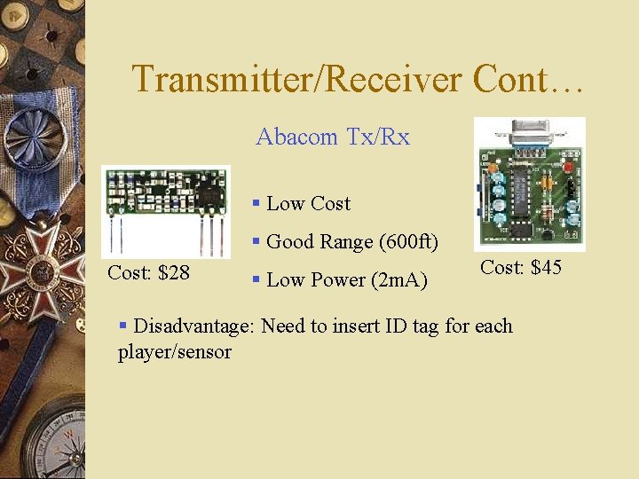 Transmitter/Receiver Cont… Abacom Tx/Rx § Low Cost § Good Range (600 ft) Cost: $28 Transmitter/Receiver Cont… Abacom Tx/Rx § Low Cost § Good Range (600 ft) Cost: $28