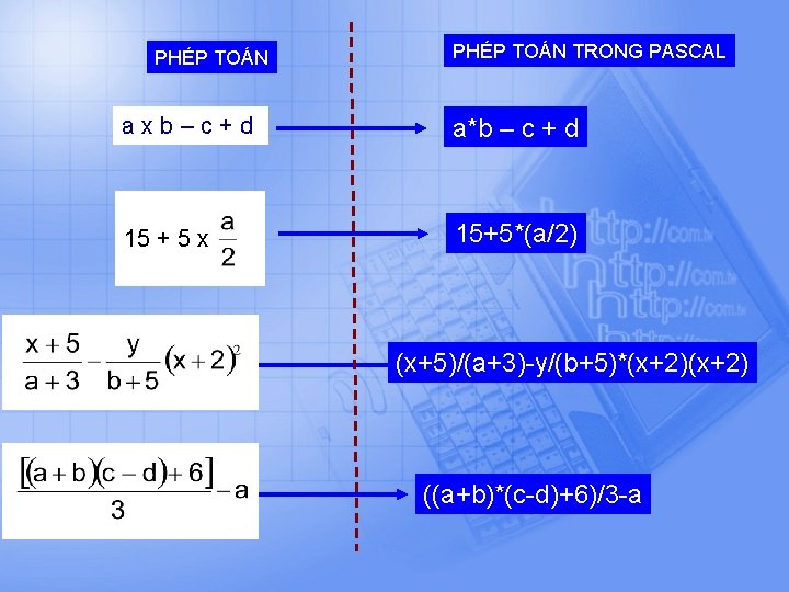 PHÉP TOÁN TRONG PASCAL axb–c+d a*b – c + d 15 + 5 x