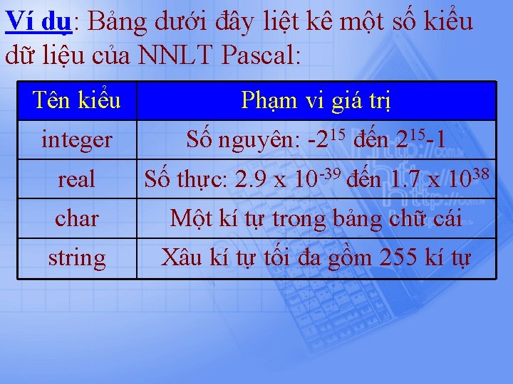 Ví dụ: Bảng dưới đây liệt kê một số kiểu dữ liệu của NNLT