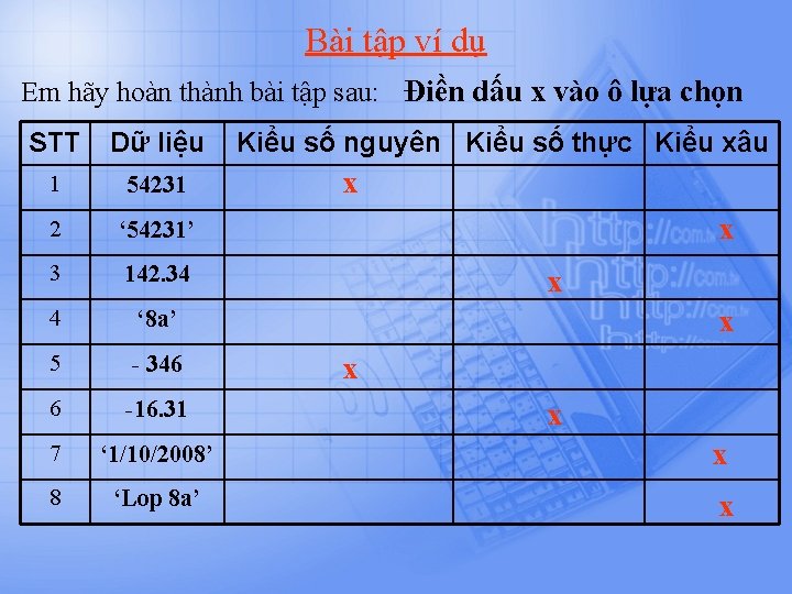 Bài tập ví dụ Em hãy hoàn thành bài tập sau: Điền dấu x