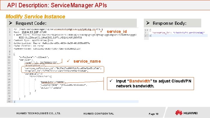 API Description: Service. Manager APIs Modify Service Instance Ø Request Code: 218. 4. 33.