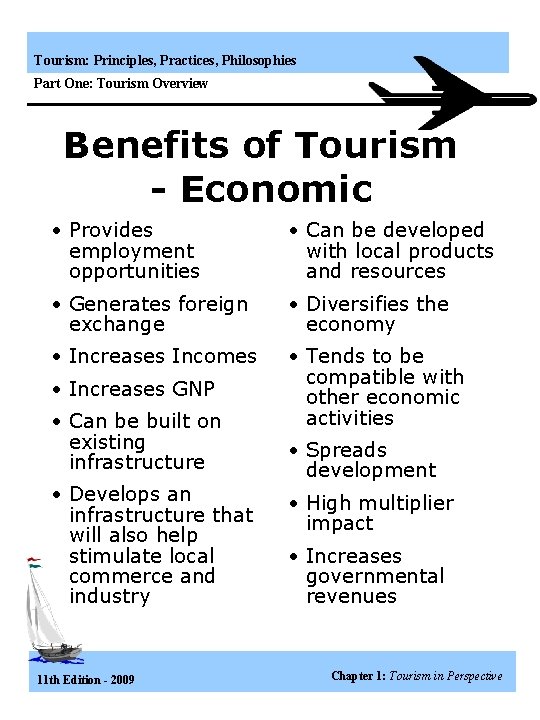 Tourism: Principles, Practices, Philosophies Part One: Tourism Overview Benefits of Tourism - Economic •