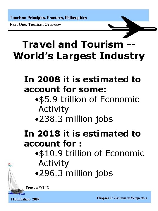 Tourism: Principles, Practices, Philosophies Part One: Tourism Overview Travel and Tourism -World’s Largest Industry