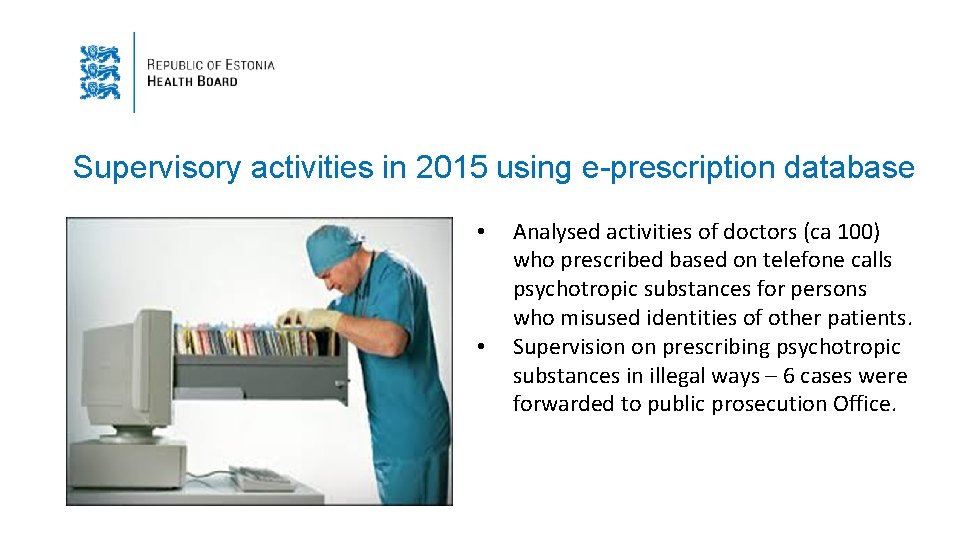 Supervisory activities in 2015 using e-prescription database • • Analysed activities of doctors (ca