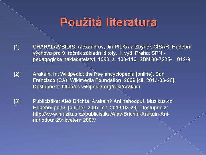 Použitá literatura [1] CHARALAMBIDIS, Alexandros, Jiří PILKA a Zbyněk CÍSAŘ. Hudební výchova pro 9.