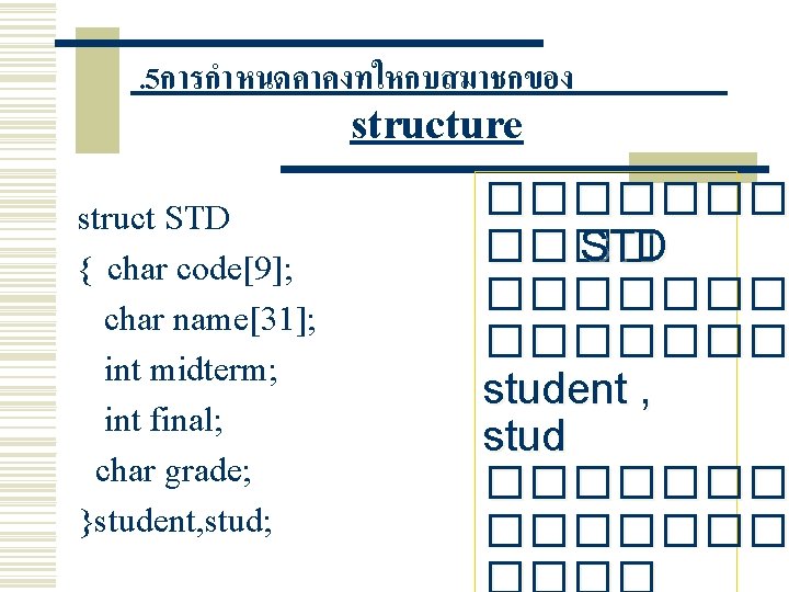 . 5การกำหนดคาคงทใหกบสมาชกของ structure struct STD { char code[9]; char name[31]; int midterm; int final;