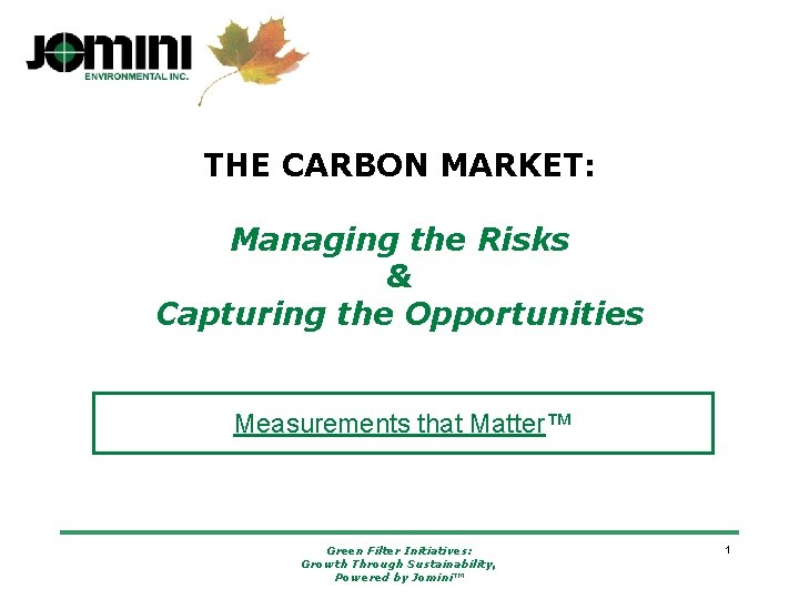 THE CARBON MARKET: Managing the Risks & Capturing the Opportunities Measurements that Matter™ Green