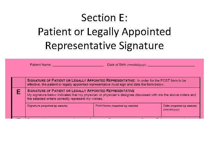 Section E: Patient or Legally Appointed Representative Signature 