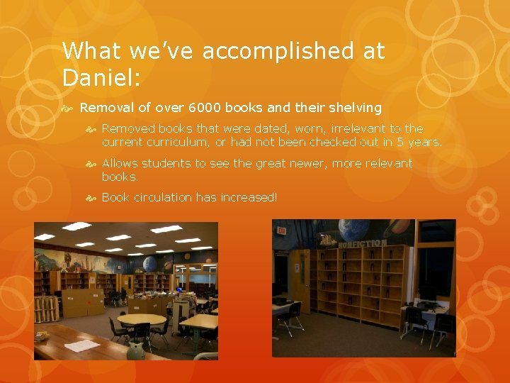 What we’ve accomplished at Daniel: Removal of over 6000 books and their shelving Removed