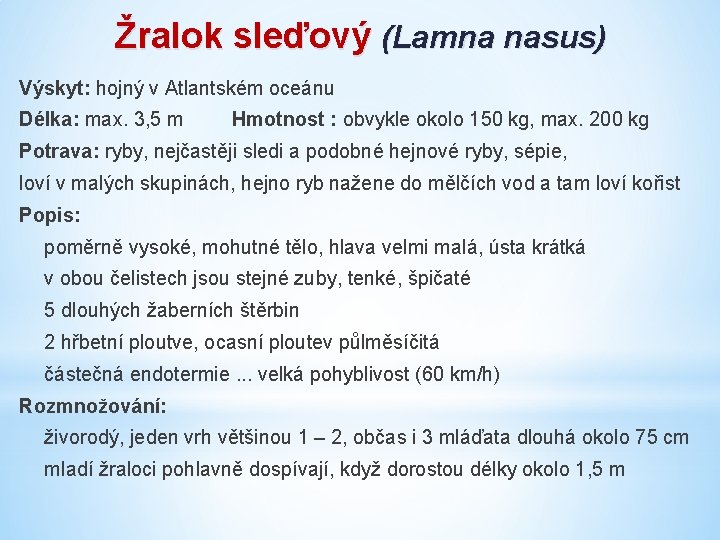 Žralok sleďový (Lamna nasus) Výskyt: hojný v Atlantském oceánu Délka: max. 3, 5 m