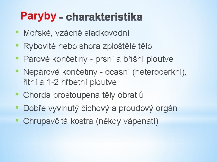 Paryby • • Mořské, vzácně sladkovodní • • • Chorda prostoupena těly obratlů Rybovité