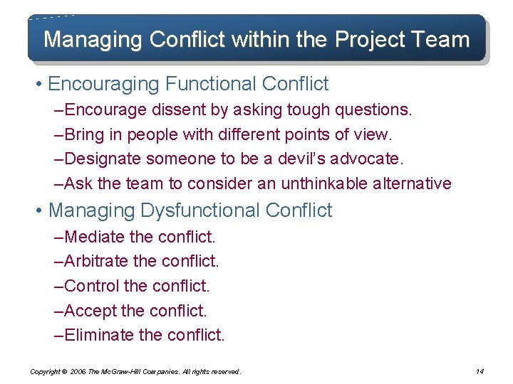Managing Conflict within the Project Team • Encouraging Functional Conflict – Encourage dissent by