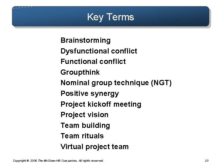 Key Terms Brainstorming Dysfunctional conflict Functional conflict Groupthink Nominal group technique (NGT) Positive synergy