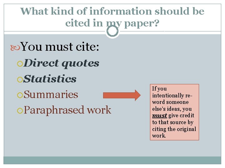 What kind of information should be cited in my paper? You must cite: Direct