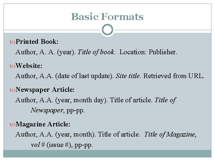 Basic Formats Printed Book: Author, A. A. (year). Title of book. Location: Publisher. Website:
