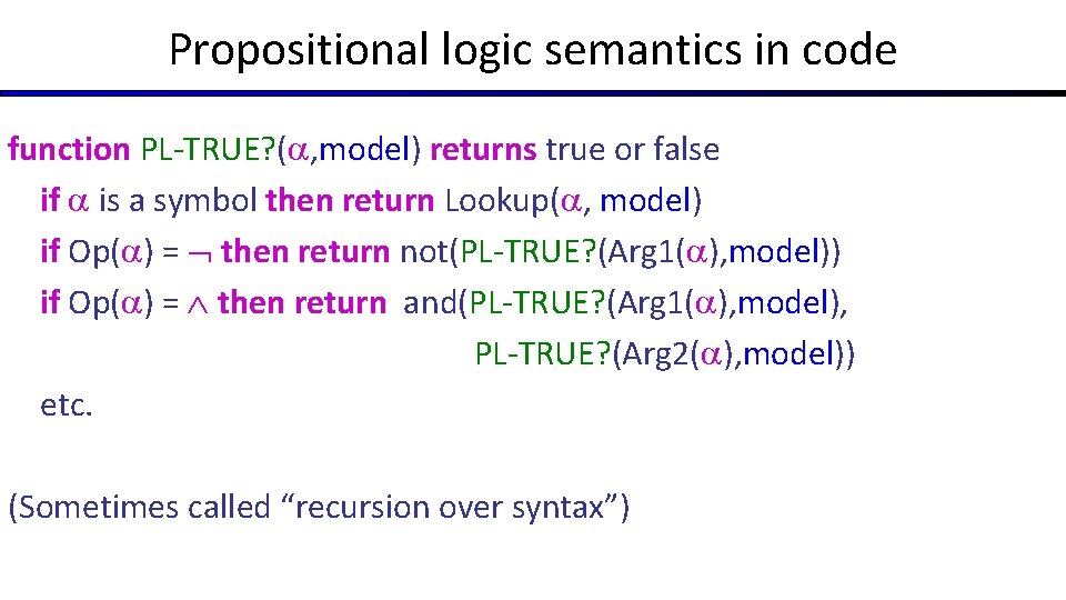 Propositional logic semantics in code function PL-TRUE? ( , model) returns true or false