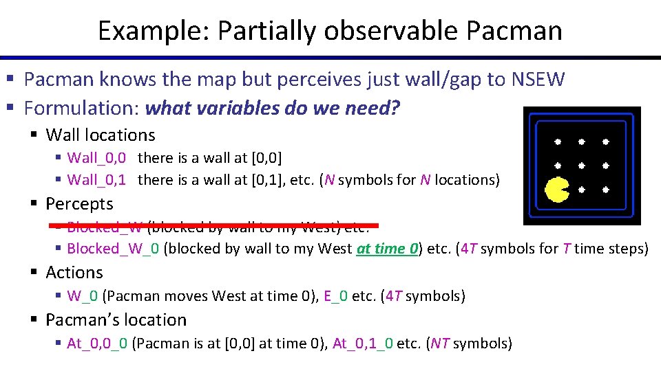 Example: Partially observable Pacman § Pacman knows the map but perceives just wall/gap to