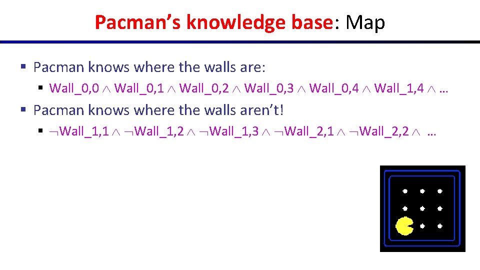 Pacman’s knowledge base: Map § Pacman knows where the walls are: § Wall_0, 0
