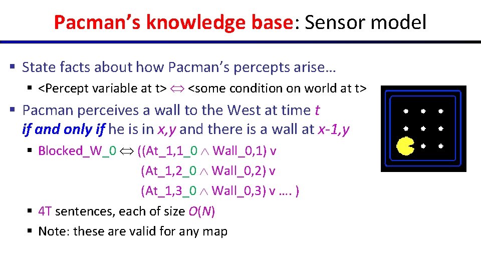 Pacman’s knowledge base: Sensor model § State facts about how Pacman’s percepts arise… §