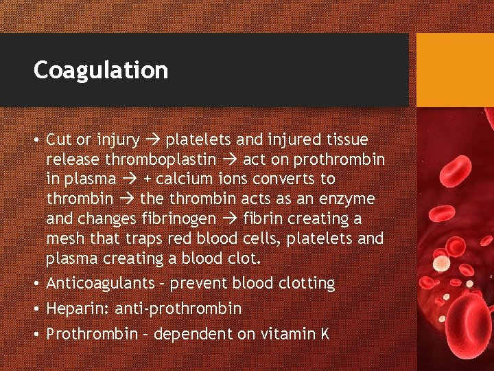 Coagulation • Cut or injury platelets and injured tissue release thromboplastin act on prothrombin