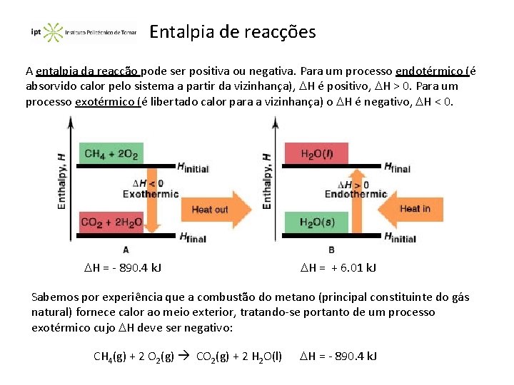 Entalpia de reacções A entalpia da reacção pode ser positiva ou negativa. Para um