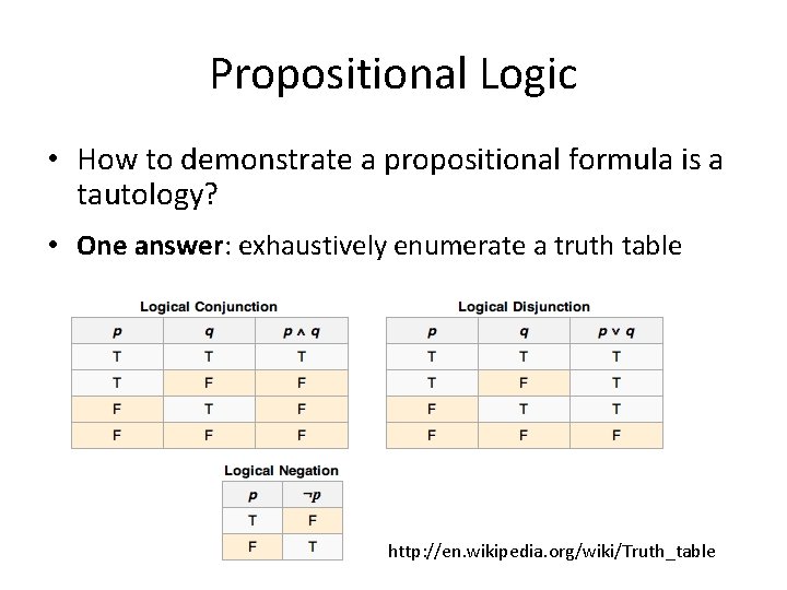 Propositional Logic • How to demonstrate a propositional formula is a tautology? • One