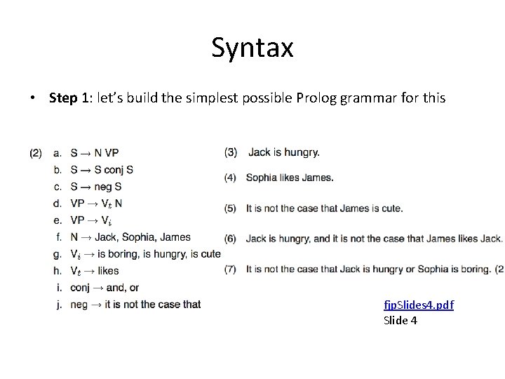 Syntax • Step 1: let’s build the simplest possible Prolog grammar for this fjp.