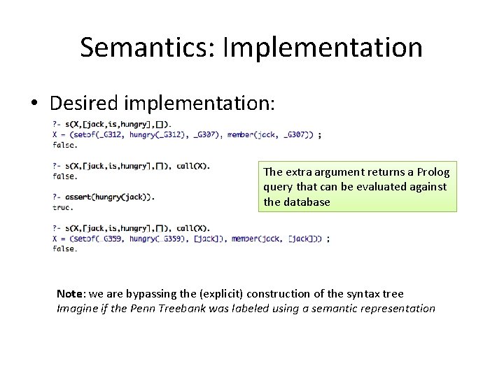 Semantics: Implementation • Desired implementation: The extra argument returns a Prolog query that can
