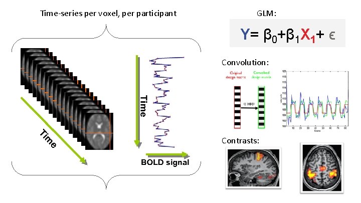 Time-series per voxel, per participant GLM: Y= β 0+β 1 X 1+ ϵ Convolution: