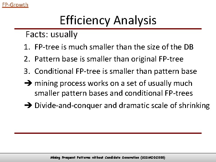 FP-Growth Efficiency Analysis Facts: usually 1. FP-tree is much smaller than the size of