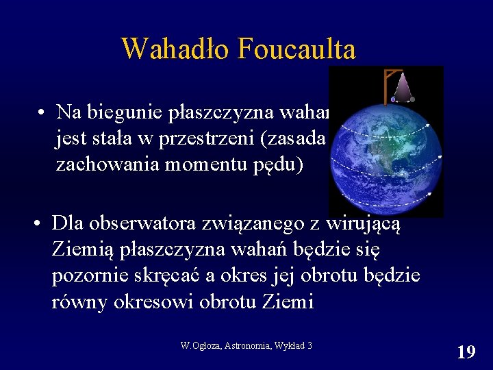 Wahadło Foucaulta • Na biegunie płaszczyzna wahań jest stała w przestrzeni (zasada zachowania momentu Wahadło Foucaulta • Na biegunie płaszczyzna wahań jest stała w przestrzeni (zasada zachowania momentu