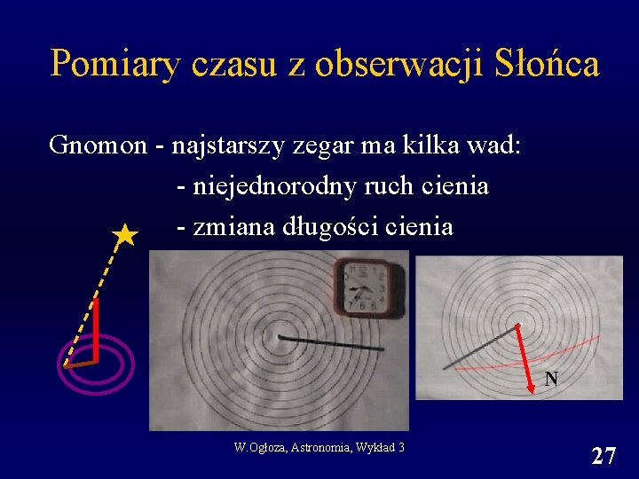 Pomiary czasu z obserwacji Słońca Gnomon - najstarszy zegar ma kilka wad: - niejednorodny Pomiary czasu z obserwacji Słońca Gnomon - najstarszy zegar ma kilka wad: - niejednorodny