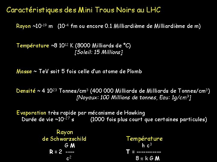 Caractéristiques des Mini Trous Noirs au LHC Rayon ~10 -19 m (10 -4 fm