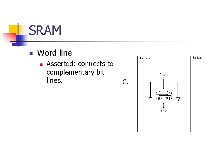 SRAM n Word line n Asserted: connects to complementary bit lines. 