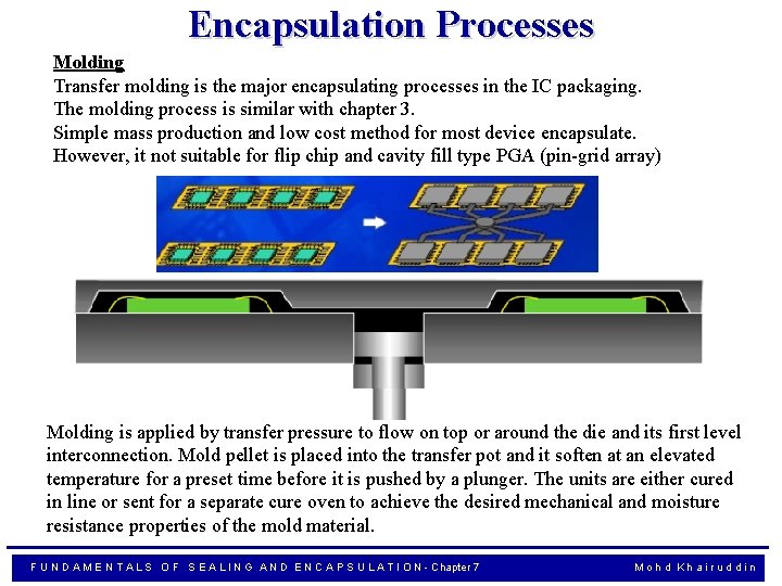 Encapsulation Processes Molding Transfer molding is the major encapsulating processes in the IC packaging.