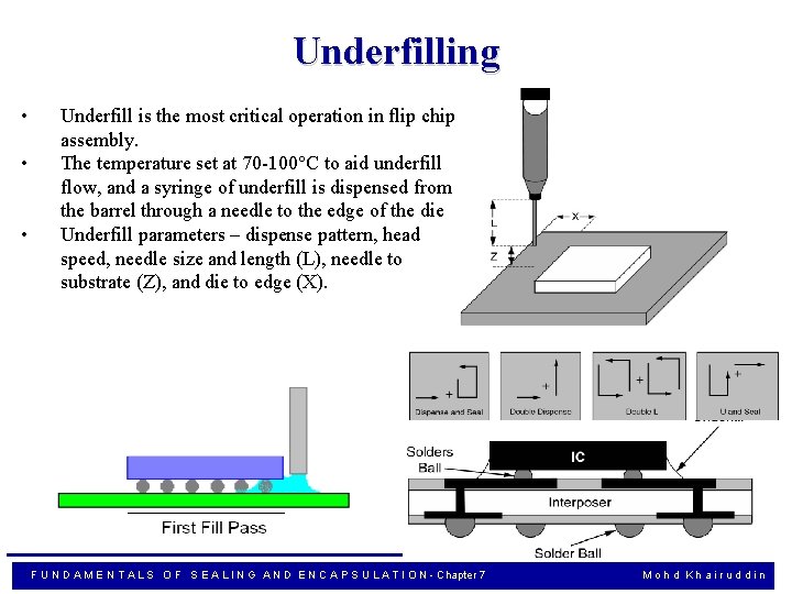 Underfilling • • • Underfill is the most critical operation in flip chip assembly.