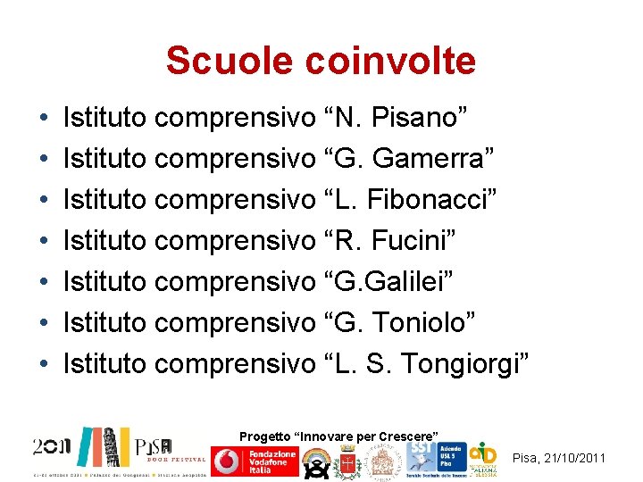 Scuole coinvolte • • Istituto comprensivo “N. Pisano” Istituto comprensivo “G. Gamerra” Istituto comprensivo