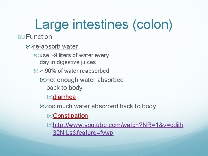 Large intestines (colon) Function re-absorb water use ~9 liters of water every day in