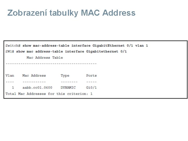 Zobrazení tabulky MAC Address 