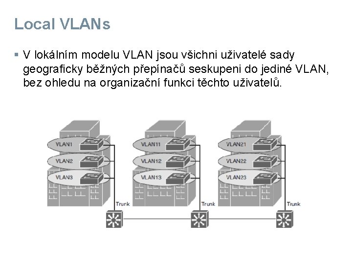 Local VLANs § V lokálním modelu VLAN jsou všichni uživatelé sady geograficky běžných přepínačů