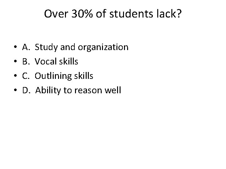 Over 30% of students lack? • • A. B. C. D. Study and organization