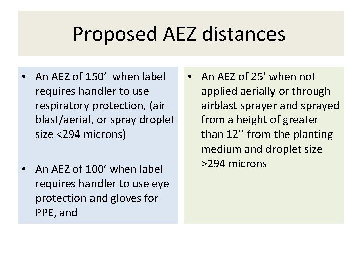 Proposed AEZ distances • An AEZ of 150’ when label requires handler to use Proposed AEZ distances • An AEZ of 150’ when label requires handler to use
