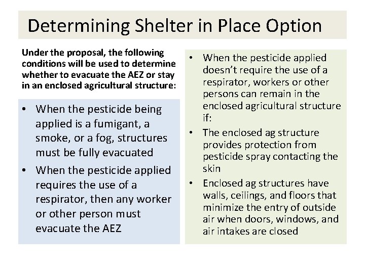Determining Shelter in Place Option Under the proposal, the following conditions will be used Determining Shelter in Place Option Under the proposal, the following conditions will be used