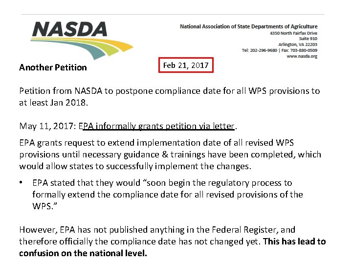 Another Petition Feb 21, 2017 Petition from NASDA to postpone compliance date for all Another Petition Feb 21, 2017 Petition from NASDA to postpone compliance date for all