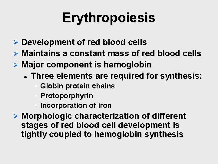 Erythropoiesis Development of red blood cells Ø Maintains a constant mass of red blood Erythropoiesis Development of red blood cells Ø Maintains a constant mass of red blood