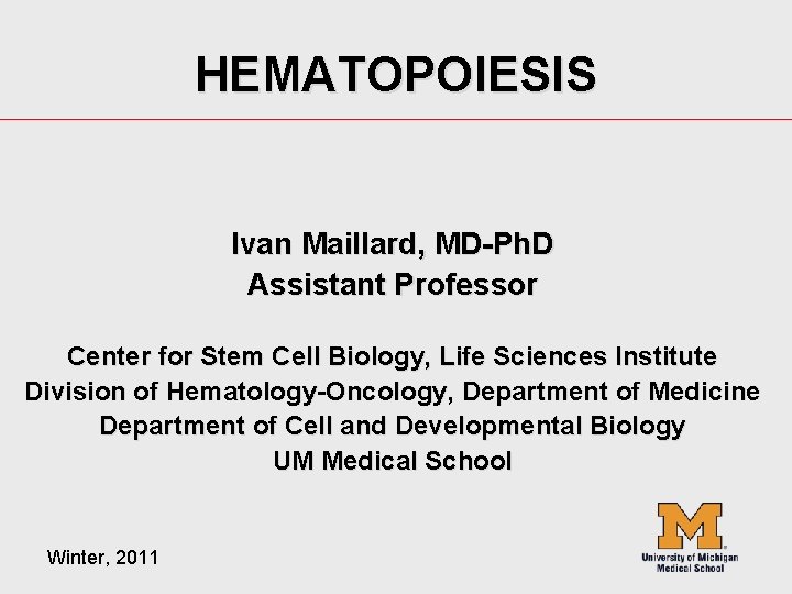 HEMATOPOIESIS Ivan Maillard, MD-Ph. D Assistant Professor Center for Stem Cell Biology, Life Sciences HEMATOPOIESIS Ivan Maillard, MD-Ph. D Assistant Professor Center for Stem Cell Biology, Life Sciences