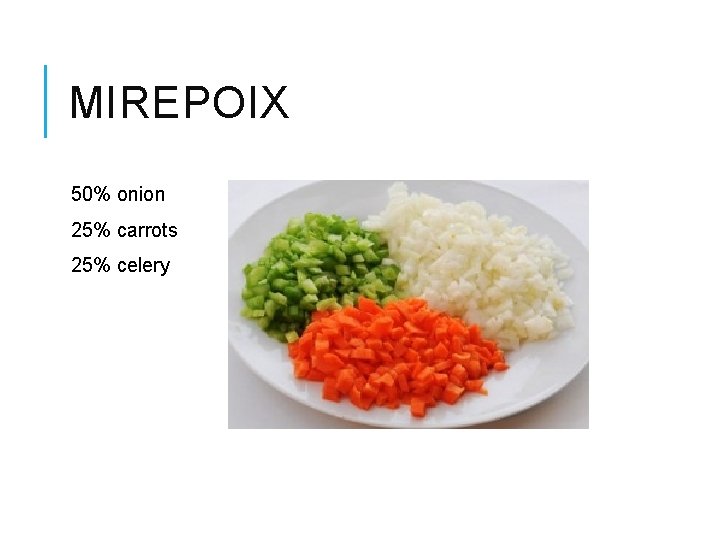 MIREPOIX 50% onion 25% carrots 25% celery 