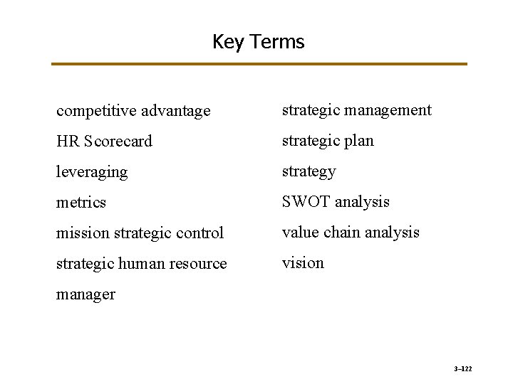 Key Terms competitive advantage strategic management HR Scorecard strategic plan leveraging strategy metrics SWOT