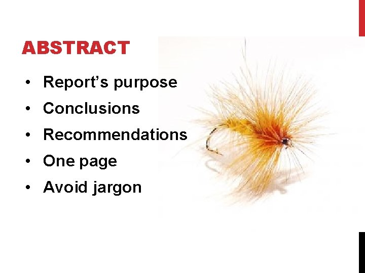 ABSTRACT • Report’s purpose • Conclusions • Recommendations • One page • Avoid jargon